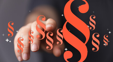 Digital image depicting a hand interacting with paragraph symbols, ideal for legal, law, and...