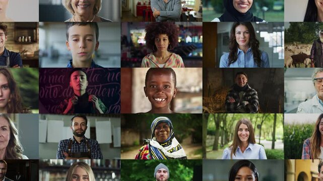 Portrait Collage of Empowered Men and Women from Diverse Backgrounds. Zoom Out Footage with African Child Lead. People Looking at Camera, Reflect Leadership, Ambition, Celebration of Modern Lifestyle