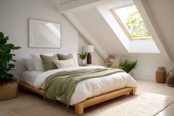 A cozy attic bedroom with a large window.