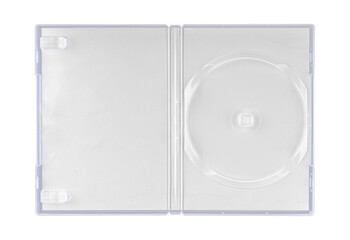 DVD disk video case on black background. Isolated game transparent mockup. Clean cover box template.
