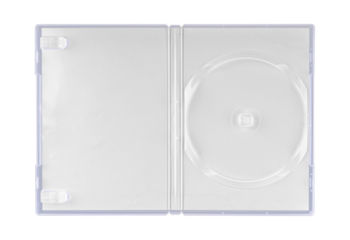 DVD disk video case on black background. Isolated game transparent mockup. Clean cover box template.