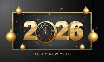 Happy new year 2026. 3d gold numbers with golden Christmas decoration and confetti on dark  background. Holiday greeting card design.