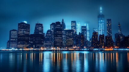 Obraz premium Night view of the illuminated New York City skyline reflected in the water.