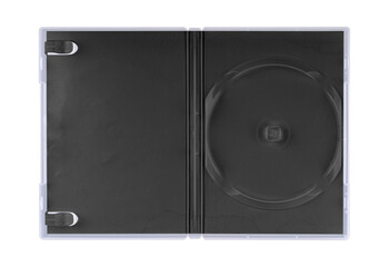 DVD disk video case on black background. Isolated game transparent mockup. Clean cover box template.