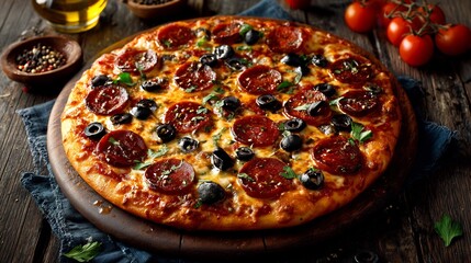Delicious Pepperoni Pizza Olives Wood Table.