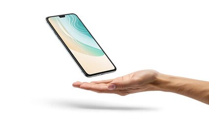 3D Smartphone Mockup Floating Above Hand on White Background