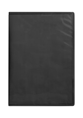 DVD disk video case on black background. Isolated game transparent mockup. Clean cover box template.