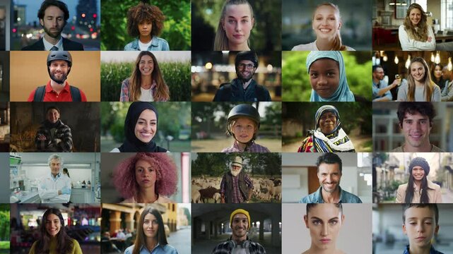 Mix of Portraits with Stylish Young and Adult Male and Female of Different Ethnicities Looking at Camera. Collage with Global Representation of Successful Happy People. Footage Sliding Right