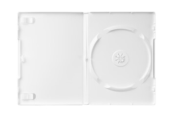 DVD disk video case on black background. Isolated game transparent mockup. Clean cover box template.