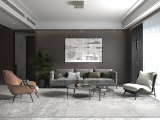 Mock up of a modern living room with a stylish large sofa and trendy decorative background, 3D rendering.