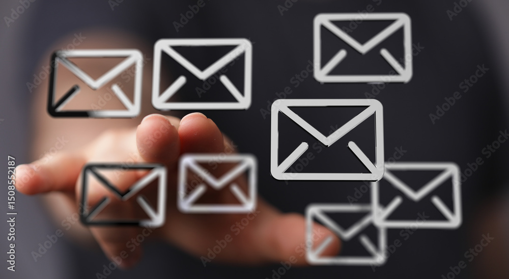 Poster abstract image of a hand interacting with digital email icons, representing communication and techno