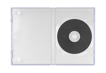 DVD disk video case on black background. Isolated game transparent mockup. Clean cover box template.
