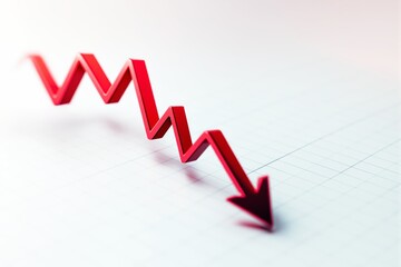 Red zigzag downward arrow on financial graph background.