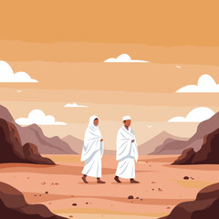 A couple in Hajj attire standing under a crescent moon and palm trees, symbolizing the start of their spiritual pilgrimage to Mecca.