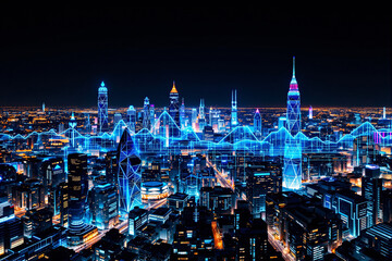 Futuristic digital cityscape with glowing blue skyscrapers and data visualization overlay at night.