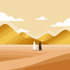A couple in Hajj attire standing under a crescent moon and palm trees, symbolizing the start of their spiritual pilgrimage to Mecca.