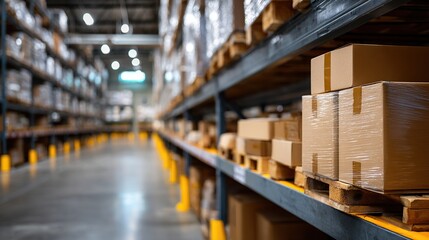 An industrial warehouse filled with storage boxes labeled for shipping, a distribution center storing cargo for the import export industry