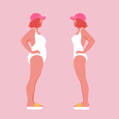 Vector illustration of two women a full-length in swimsuits standing face to face, comparing body shapes. Concept of weight loss, fitness progress. Flat style on pink background.