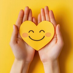 paper cut smiley face in hands make heart symbol for protection around on yellow background. positive thinking, mental health, assessment, world mental health day concept