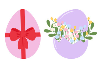 Egg with Tied Bow and Floral bouquet in Cracked Eggshell Easter or Spring greeting design elements