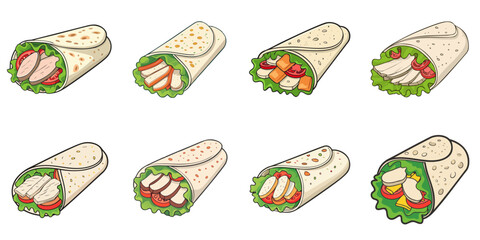 Vector illustration of multiple chicken burritos, outline


