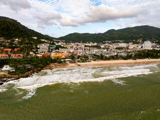Aerial view landscape sea beach in raining season at Phuket island Thailand.