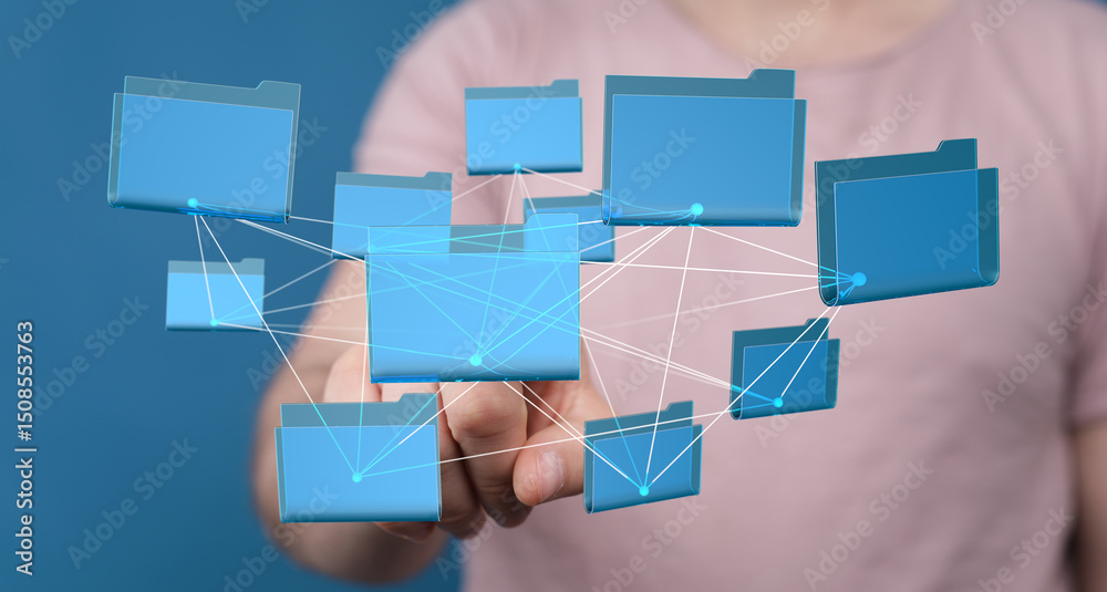 Poster image of interconnected digital files, representing data network, cloud storage, file sharing.