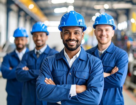 Four smiling men in blue work uniforms and hard hats stand in a factory