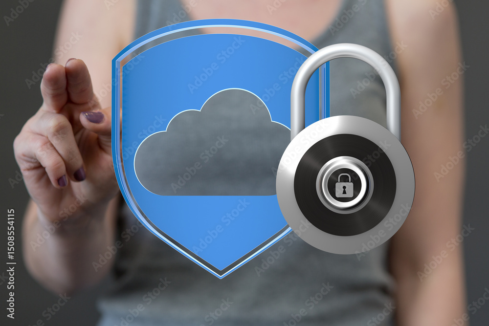 Poster Safeguarding your cloud data.  Image depicts a shield and padlock symbolizing online security.