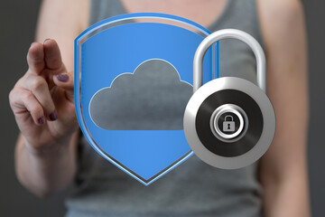 Safeguarding your cloud data.  Image depicts a shield and padlock symbolizing online security.