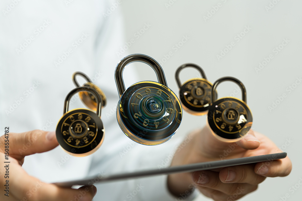 Poster Image of combination locks hovering over a tablet, symbolizing digital security and data protection.
