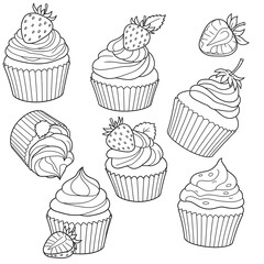 Printable strawberry cake, strawberry cupcakes and strawberry coloring sheet on white background—great for nutrition activities and classroom fun.