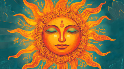 Illustration of sun with serene face for Sinhala and Tamil New Year celebration in Sri Lanka