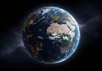 Obraz premium Earth Globe View World Planet, Global Connections and City Lights, Space Background, Network Data Visualization.