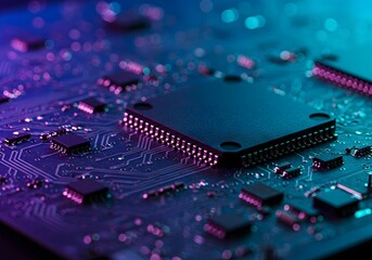 Close-up of a Computer Circuit Board with Microchips, Electronic Components, and Semiconductor Technology in Blue and Purple Lighting.