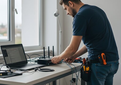 Technician Setting Up Router and Laptop Home Internet, Network Setup, Repair, Troubleshooting.