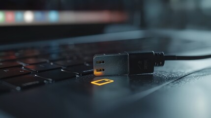 Usb connection event technology workspace close-up image dark environment focused viewpoint digital connectivity concept