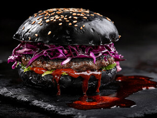 Gourmet Black Bun Burger with Juicy Beef Patty, Purple Cabbage Slaw, and Dripping Sauce on a Dark Stone Surface