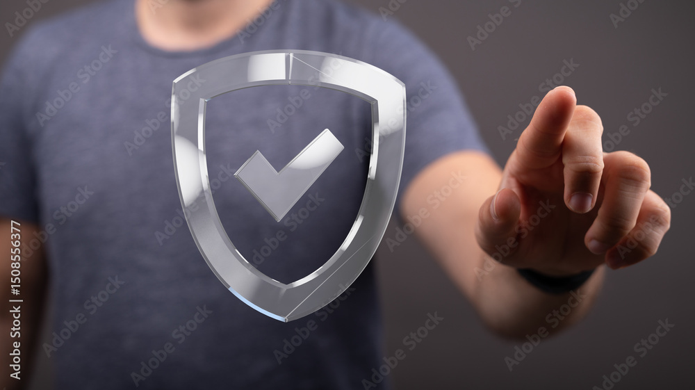 Aufkleber person interacting with a digital shield, symbolizing data security and protection.