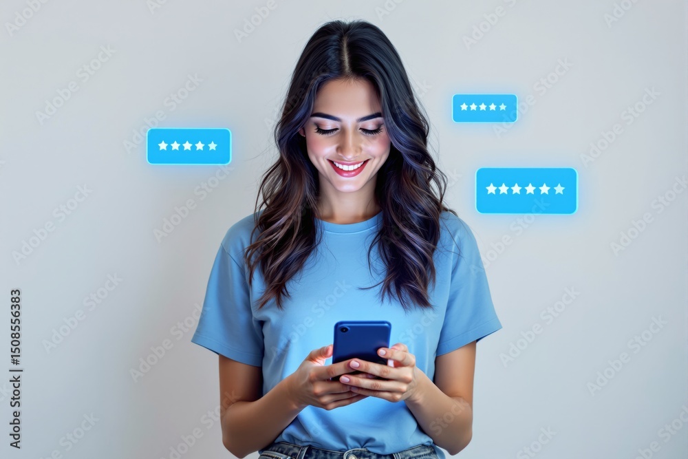 Aufkleber smiling woman using smartphone with five-star rating icons floating around her.