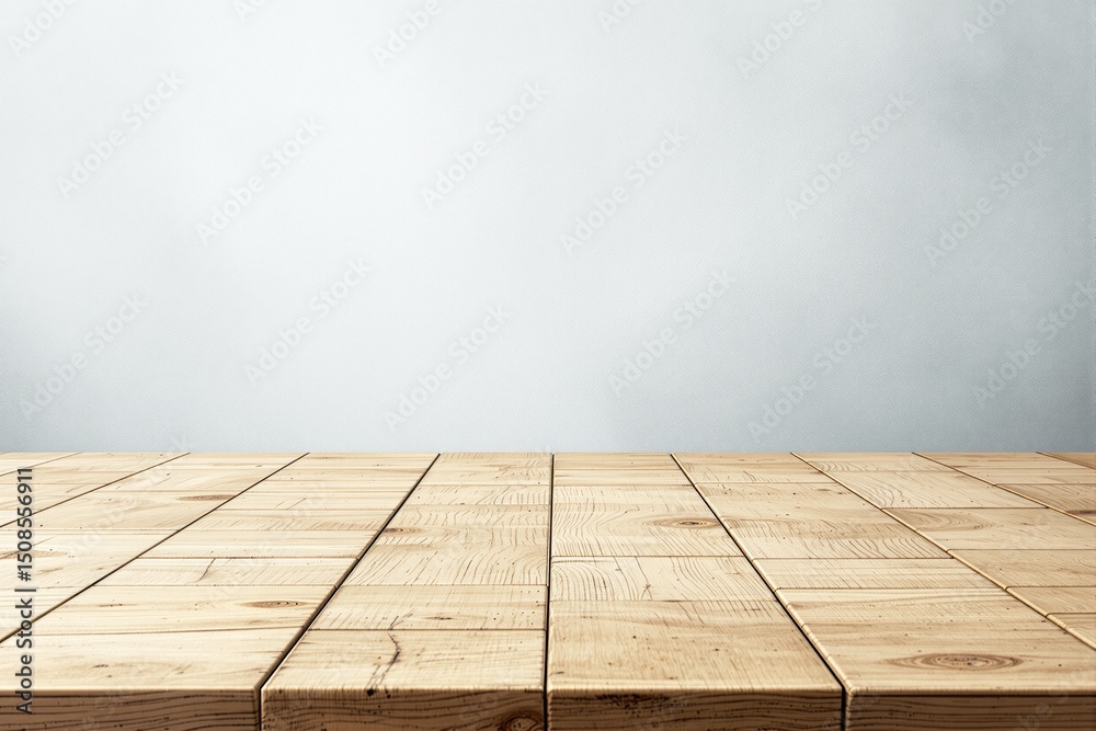 Poster empty wooden table with light background for product display.