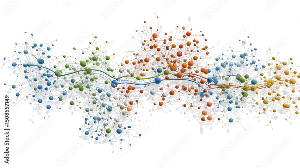 Poster colorful spheres and lines intertwining and branching, creating a complex network visualization with
