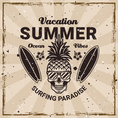 Surfing and summer vacation vector vintage emblem. Perfect for t-shirts, and retro style designs