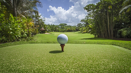 Golf ball on tee at lush green course ready for swing Generative AI