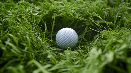 Close-up of a golf ball nestled in lush grass Generative AI