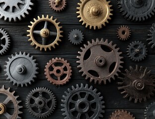 Collection Of Gears On Dark Wooden Background