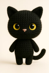 黒い編みぐるみの猫のぬいぐるみ