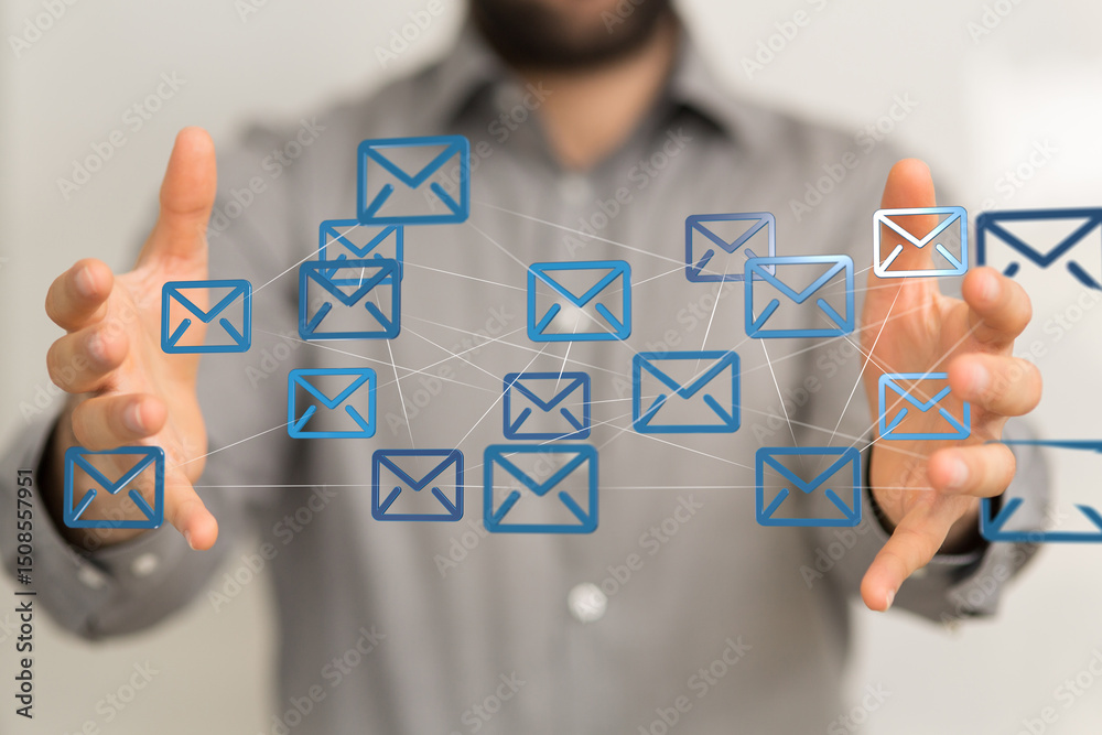 Aufkleber Image of a person connecting email icons, representing global communication and networking.