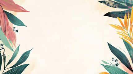 Hand-drawn tropical leaves framing a light background, ideal for invitations, summer designs, and botanical-themed compositions.

