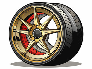 Obraz premium A realistic vector of a modern car wheel with shiny alloy rim and black tire, isolated on white background